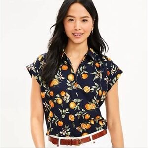 LOFT Orange Harvest Blouse Navy Button-Up Top Medium Petite MP All-Over-Print